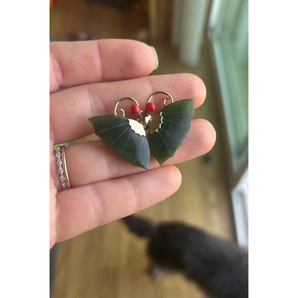 Vintage Carved Jade Butterfly Brooch Gold Tone Red Coral Eyes